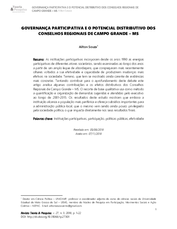 (PDF) Governança participativa e o potencial distributivo dos Conselhos ...