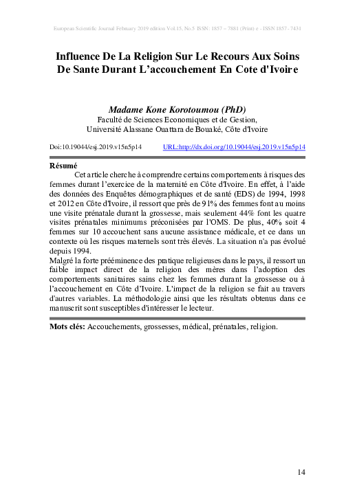 (PDF) Influence De La Religion Sur Le Recours Aux Soins De Sante Durant ...