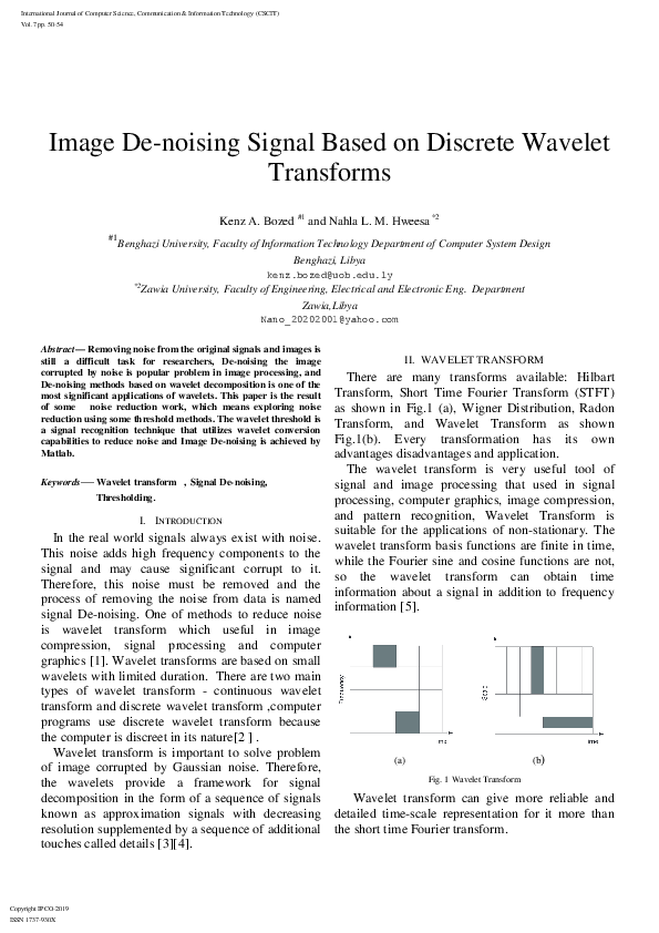 (PDF) Image De-noising Signal Based on Discrete Wavelet Transforms