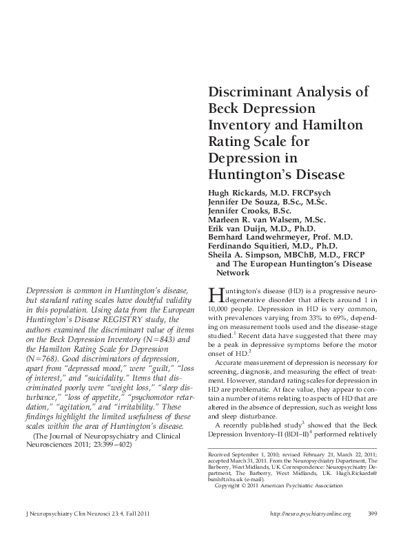 (PDF) Discriminant Analysis of Beck Depression Inventory and Hamilton