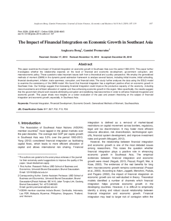 (PDF) The Impact of Financial Integration on Economic Growth in ...