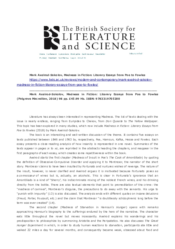 pdf review of madness in fiction literary essays from poe to pdf essays on science also the yellow wallpaper essays sample persuasive essay high school