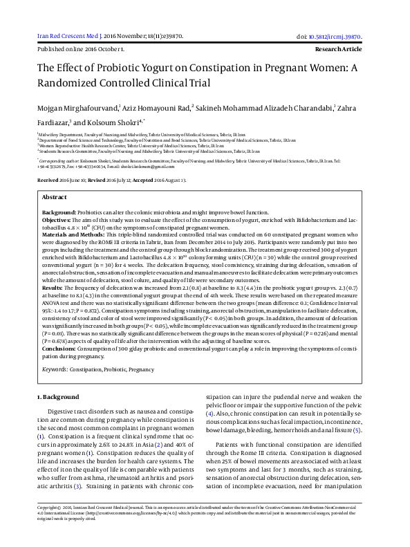 (PDF) The Effect of Probiotic Yogurt on Constipation in Pregnant Women