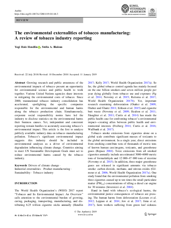 (PDF) The environmental externalities of tobacco manufacturing A