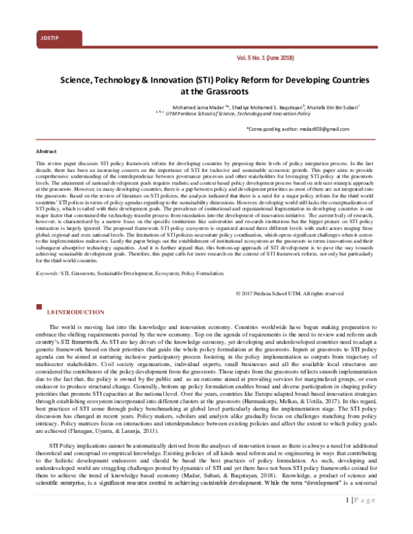 (PDF) Science, Technology & Innovation (STI) Policy Reform for ...