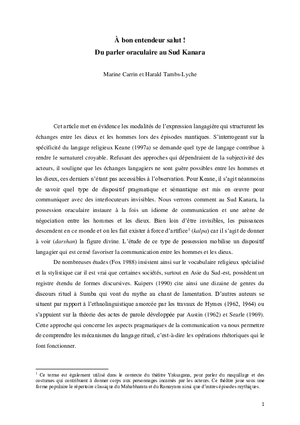 (DOC) A bon entendeur salut .Du parler oraculaire au Sud Kanara