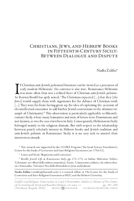 Christians, Jews, and Hebrew Books in Fifteenth-Century Sicily: Between Dialogue and Dispute