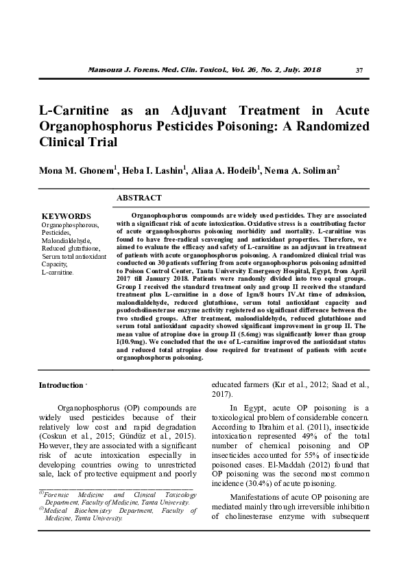 PDF) L-Carnitine as an Adjuvant Treatment in Acute Organophosphorus Pesticides Poisoning: A Randomized Clinical Trial