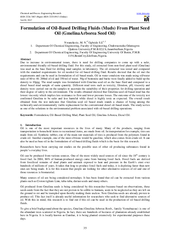 (PDF) Formulation of OilBased Drilling Fluids (Muds) From Plant Seed