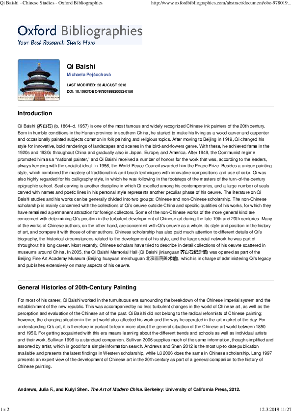 (PDF) Qi Baishi article in Oxford Bibliographies in Chinese Studies