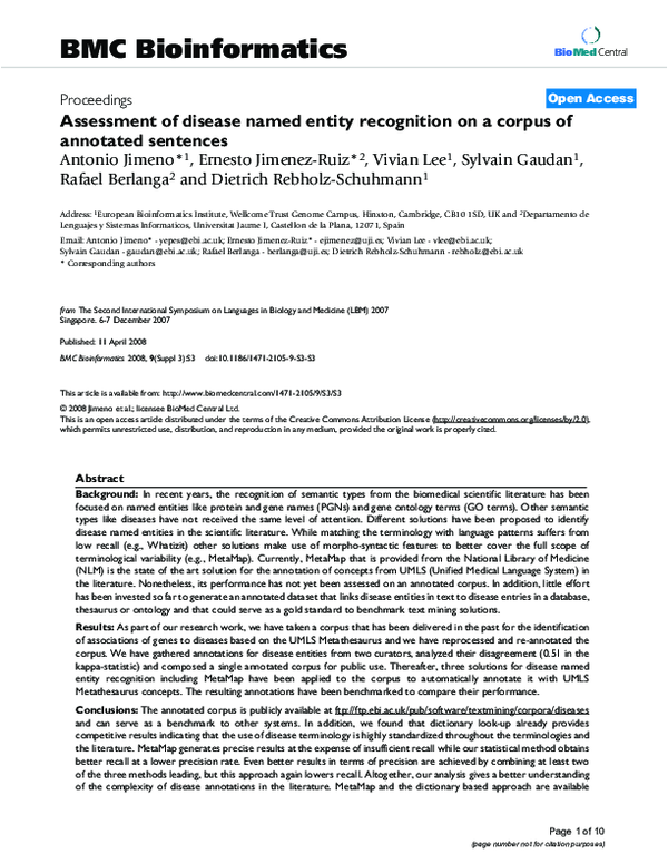 (PDF) Assessment of disease named entity recognition on a corpus of ...