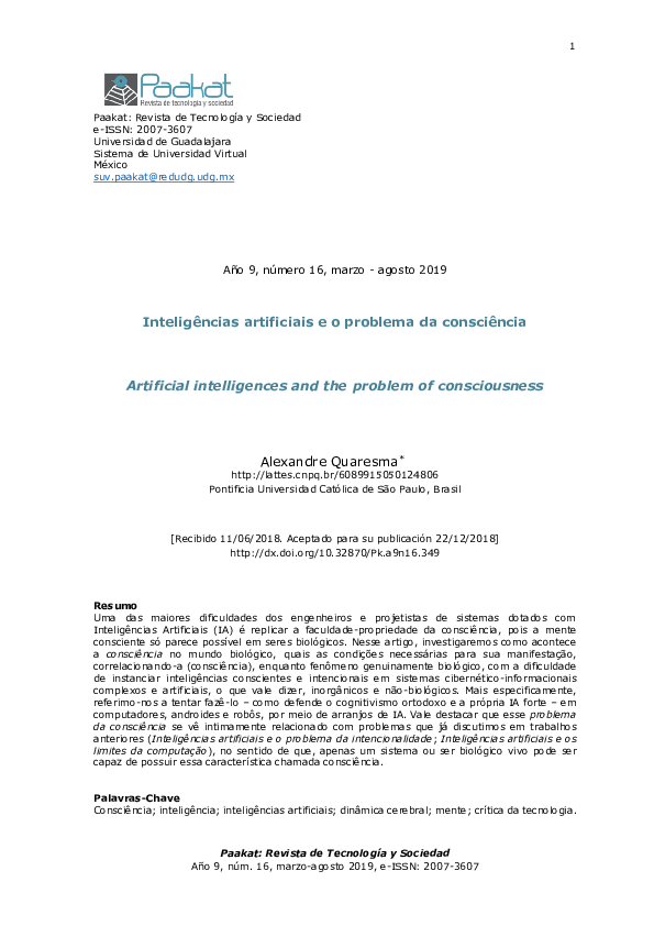 (PDF) Inteligências artificiais e o problema da consciência