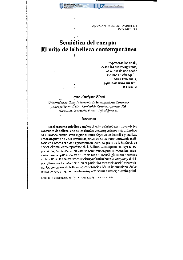 (PDF) SEMIÓTICAS DEL CUERPO EL MITO DE LA BELLEZA CONTEMPORÁNEA.pdf Jose Enrique Finol (PDF) SEMIÓTICAS DEL CUERPO EL MITO DE LA BELLEZA CONTEMPORÁNEA.pdf Jose Enrique Finol