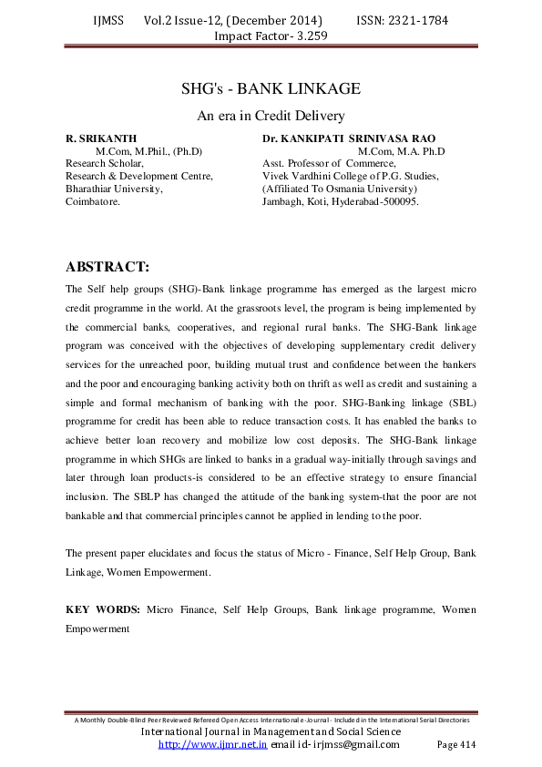 (PDF) SHG's - BANK LINKAGE An era in Credit Delivery