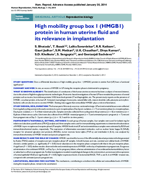 (PDF) High mobility group box 1 (HMGB1) protein in human uterine fluid ...