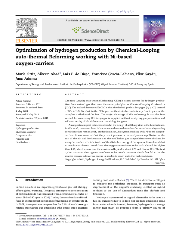 (PDF) Optimization of hydrogen production by Chemical-Looping auto ...