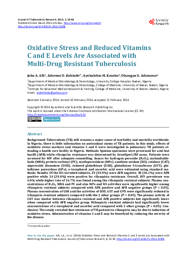 (PDF) Oxidative Stress and Reduced Vitamins C and E Levels Are ...