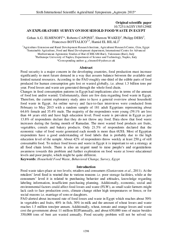 (PDF) An exploratory survey on household food waste in Egypt Hamid