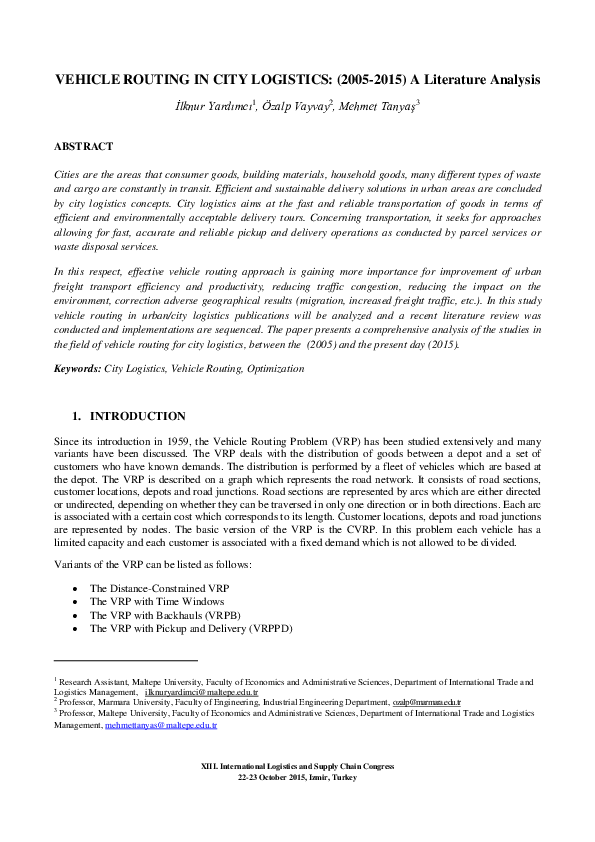 (PDF) VEHICLE ROUTING IN CITY LOGISTICS (20052015) A Literature