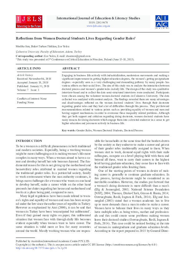 (PDF) Reflections from Women Doctoral Students Lives Regarding Gender Roles