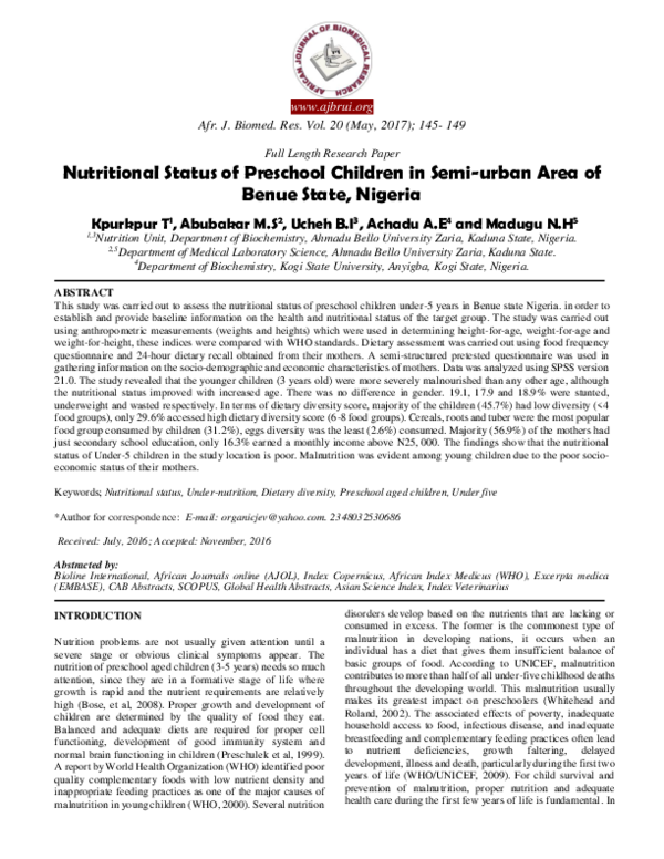 (PDF) Nutritional Status of Preschool Children in Semi-urban Area of ...