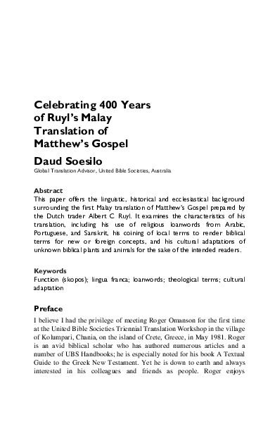 Pdf Celebrating 400 Years Of Ruyl S Malay Translation Of Matthew S Gospel Daud Soesilo Academia Edu