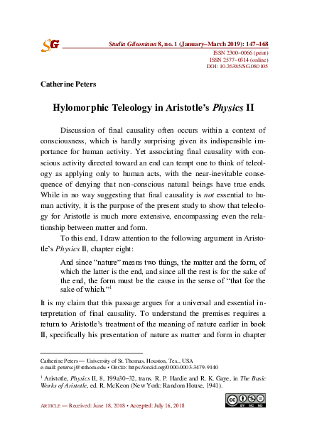 (PDF) Hylomorphic Teleology in Aristotle’s Physics II