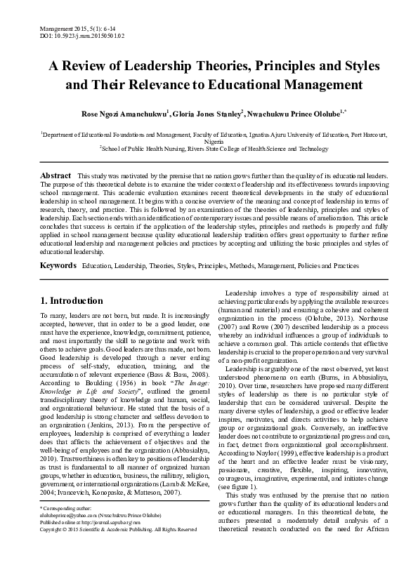 (DOC) APPLICATION OF LEADERSHIP THEORIES TO EDUCATIONAL ADMINISTRATION