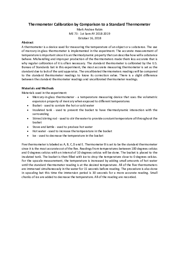 (DOC) Thermometer Calibration by Comparison to a Standard Thermometer