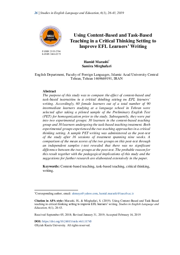 (PDF) Using Content-Based and Task-Based Teaching in a Critical ...