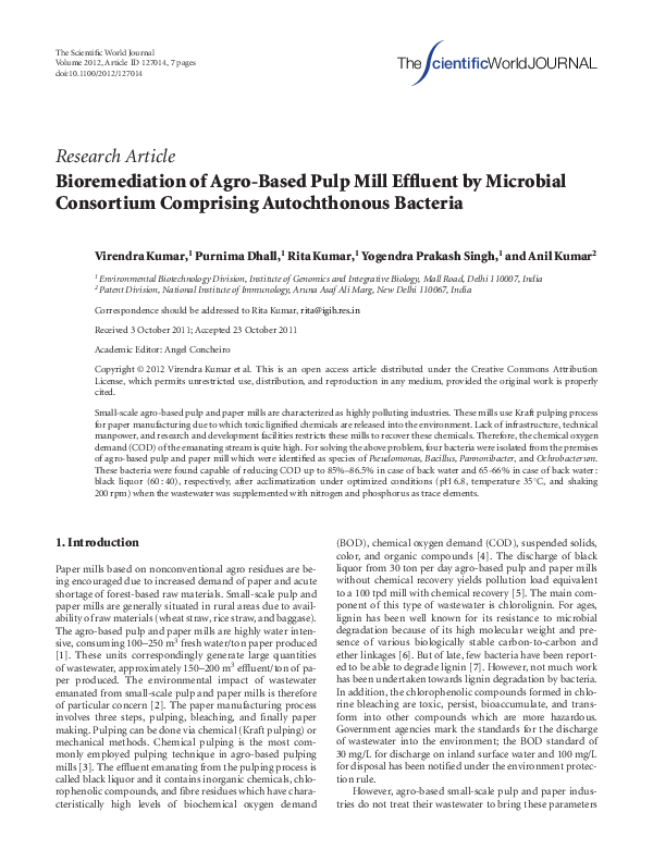 (PDF) Bioremediation of Agro-Based Pulp Mill Effluent by Microbial ...
