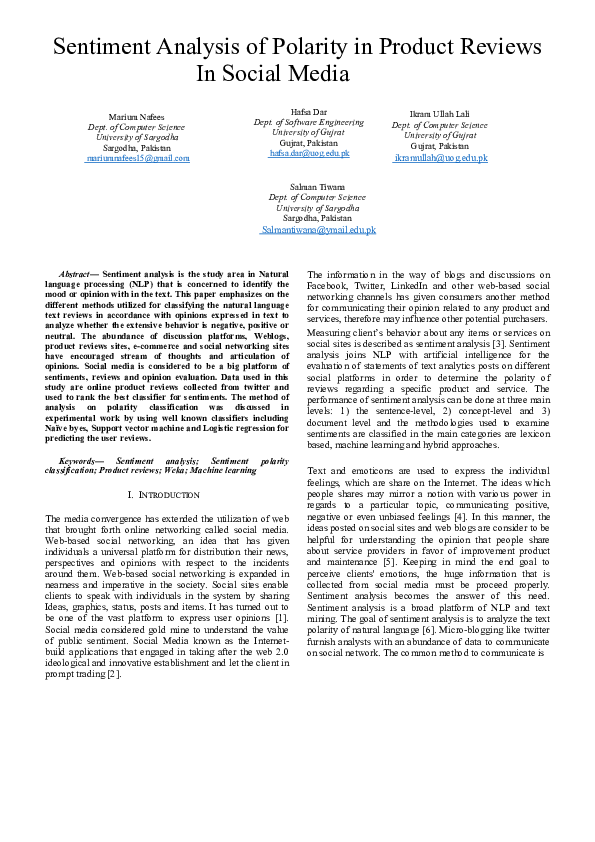 (PDF) Sentiment Analysis of Polarity in Product Reviews In Social Media