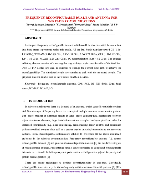 (PDF) FREQUENCY RECONFIGURABLE DUAL BAND ANTENNA FOR WIRELESS ...