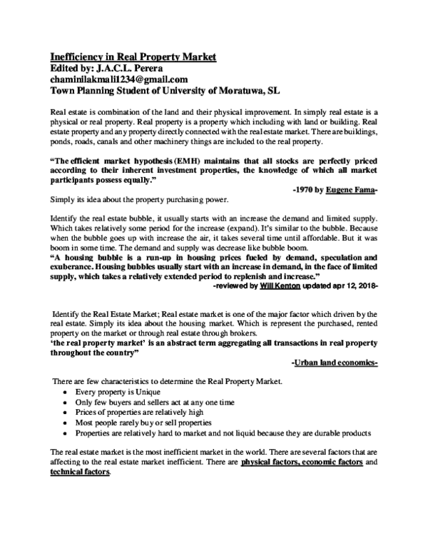 Pdf Inefficiency In Real Property Market Chaminie L Perera Academia Edu