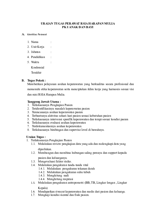 Doc Uraian Tugas Perawat Pk I Anak Dan Bayi Doc Panji Aditya Academia Edu
