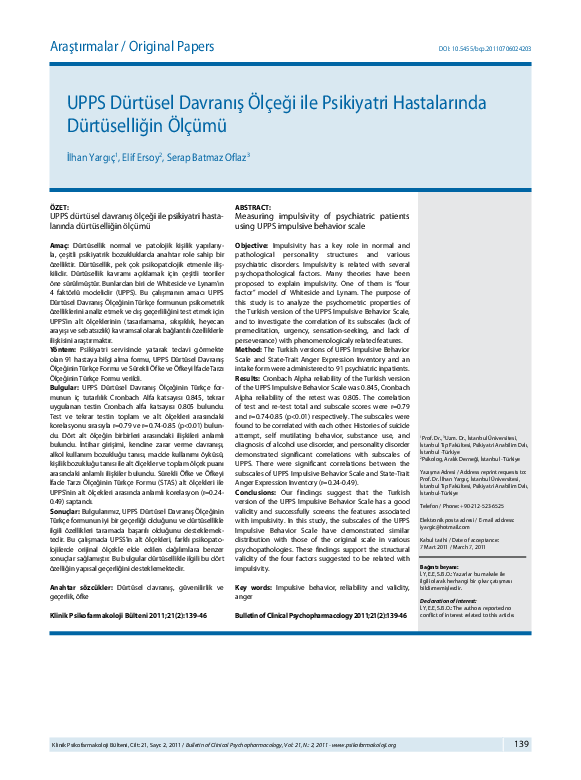 (PDF) UPPS Dürtüsel Davranış Ölçeği ile Psikiyatri Hastalarında ...