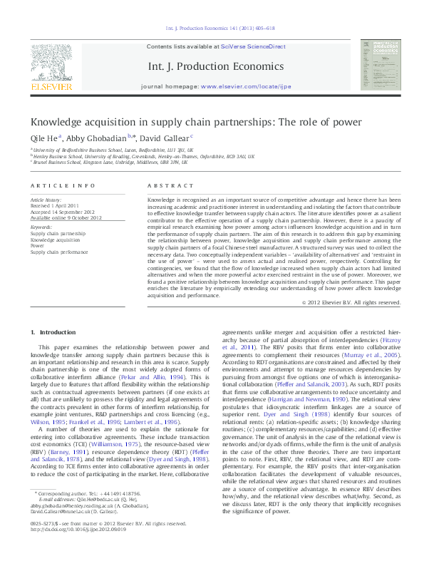 (PDF) Knowledge acquisition in supply chain partnerships: The role of power