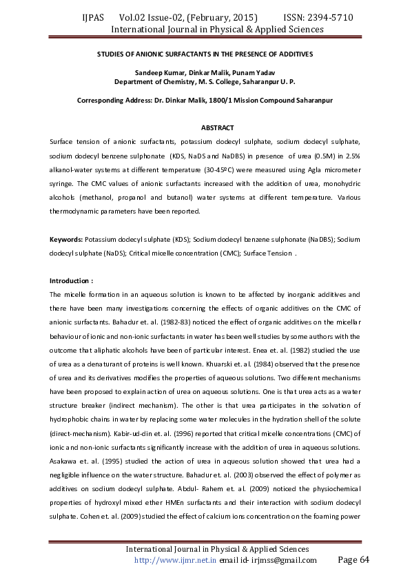(PDF) STUDIES OF ANIONIC SURFACTANTS IN THE PRESENCE OF ADDITIVES
