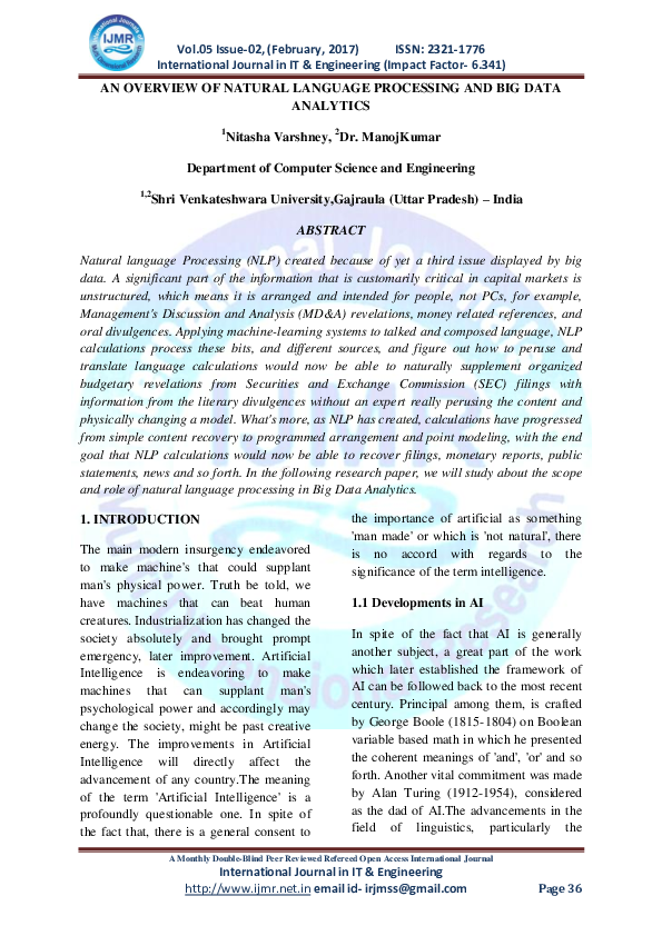 (PDF) AN OVERVIEW OF NATURAL LANGUAGE PROCESSING AND BIG DATA ANALYTICS