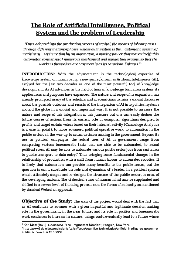 (PDF) The Role of Artificial Intelligence, Political System and the problem of Leadership