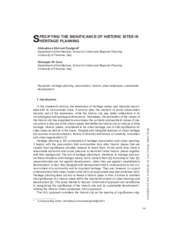 (PDF) SPECIFYING THE SIGNIFICANCE OF HISTORIC SITES IN HERITAGE PLANNING