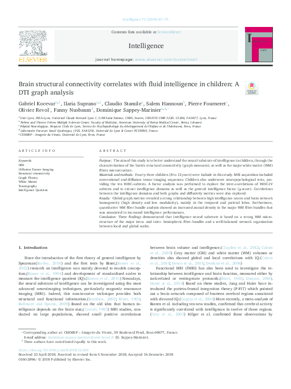 (PDF) Brain structural connectivity correlates with fluid intelligence ...