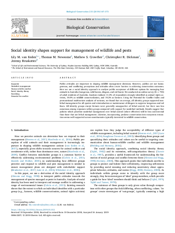 (PDF) Social identity shapes support for management of wildlife and pests
