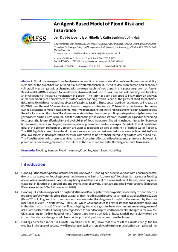 (PDF) An AgentBased Model of Flood Risk and Insurance Wang Duwei
