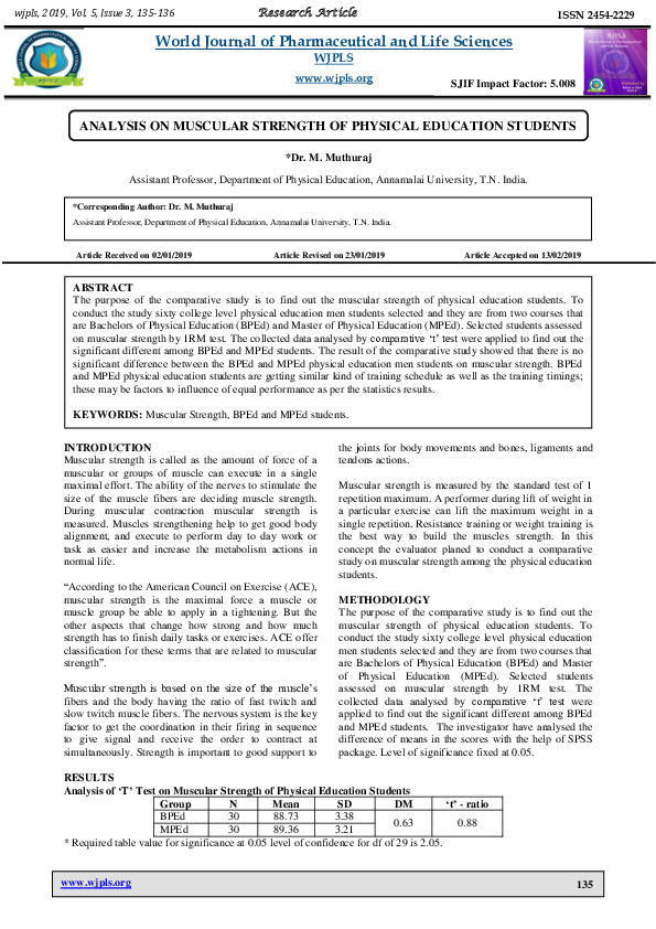 (PDF) ANALYSIS ON MUSCULAR STRENGTH OF PHYSICAL EDUCATION STUDENTS