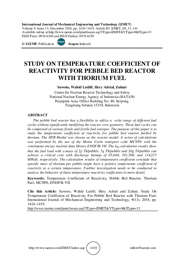 (PDF) STUDY ON TEMPERATURE COEFFICIENT OF COEFFICIENT OF REACTIVITY