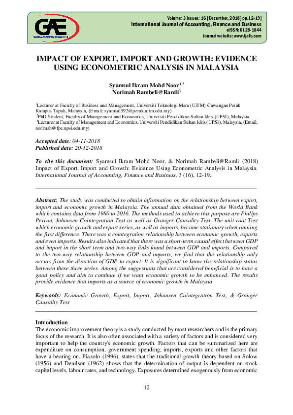 (PDF) IMPACT OF EXPORT, IMPORT AND GROWTH: EVIDENCE USING ECONOMETRIC ...