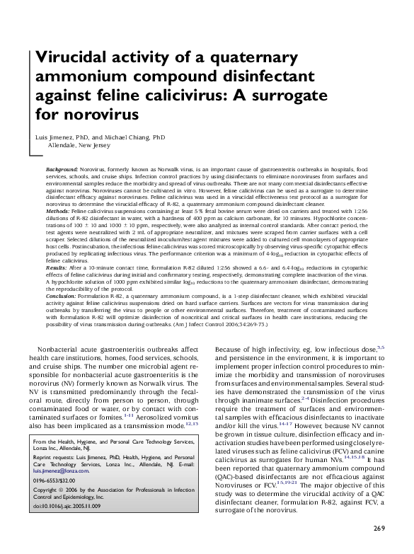 (PDF) Virucidal activity of a quaternary ammonium compound disinfectant against feline