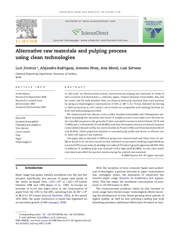 (PDF) Alternative raw materials and pulping process using clean