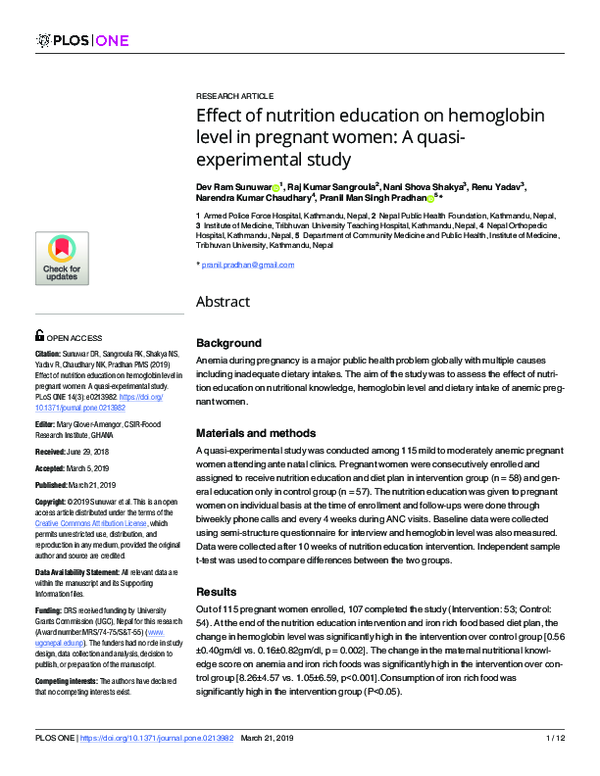 (PDF) Effect of nutrition education on hemoglobin level in pregnant ...